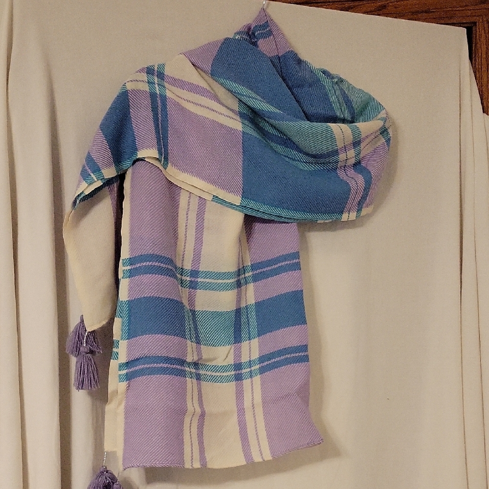 Talbots Plaid Scarf in Cream, Purple, and Hues of Teal Blue.